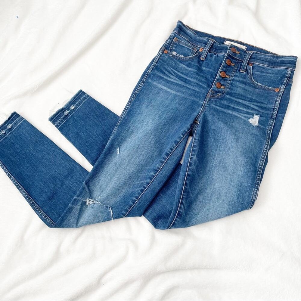 Madewell 10” high rise skinny jeans ripped blue denim size 25 button fly